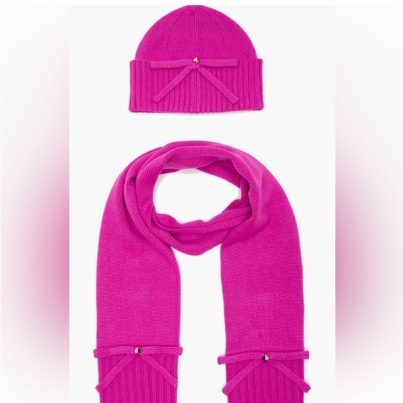 NEW kate spade new york Jeweled Bow Knit Beanie & Scarf Set In Marker Pink - Picture 3 of 9